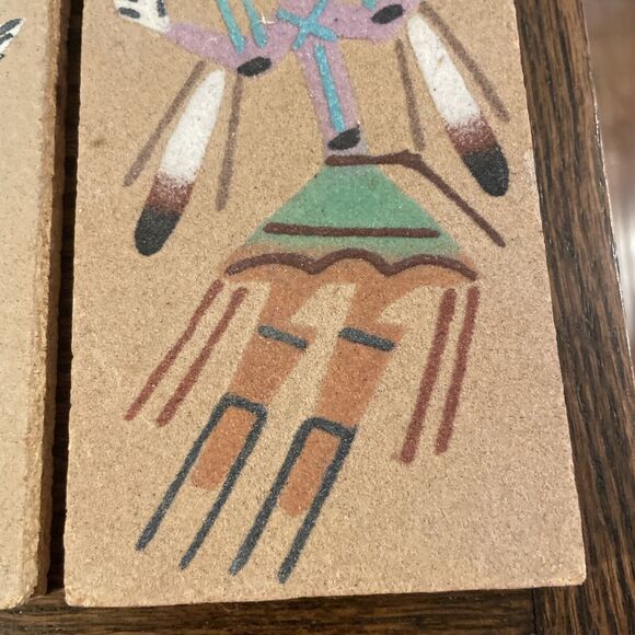 Pair Navajo Sand Art Painting  American Southwest Vintage On Wood MCM - Picture 5 of 9